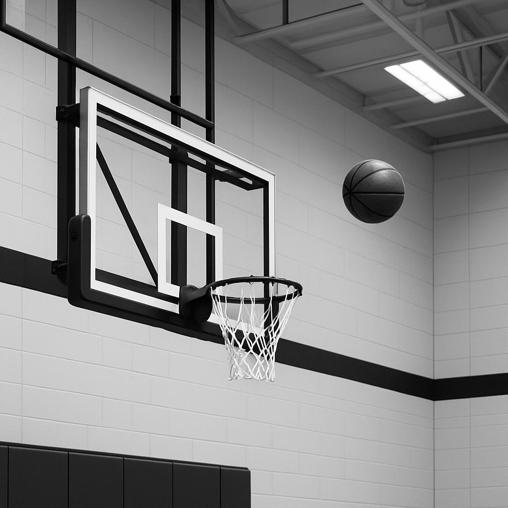 A basketball hoop with a ball flying towards the net, set against a dark background in a gym or indoor sports arena.